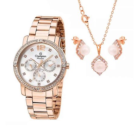 Kit Relógio Feminino Champion + Colar e Brincos CH38397D