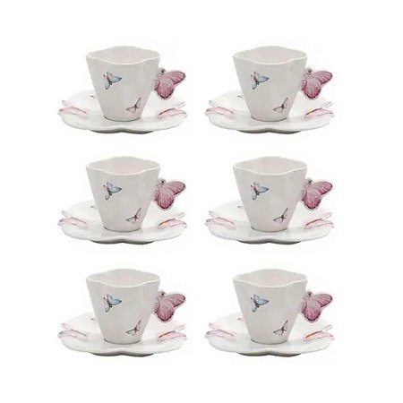 Conjunto 6 Xícaras de Café C/ Pires Borboletas Wolff 1162