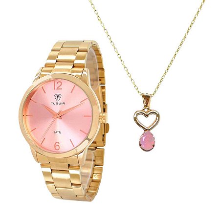 Relógio Feminino Tuguir + Colar TG112 TG35047 - Dourado