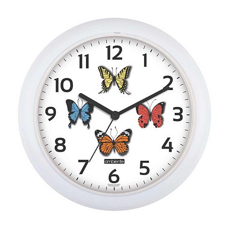 Relógio de Parede Ambiente 25cm Borboletas 198000-021 Branco