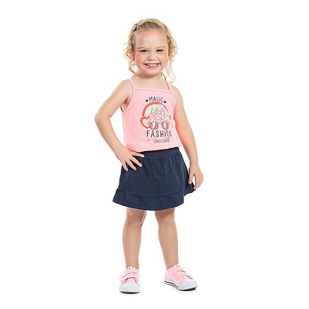 Conjunto feminino com shorts saia em meia malha e cotton - BICHO BAGUNÇA