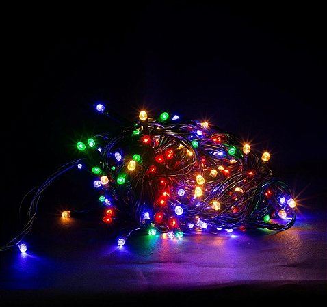 PISCA COLORIDO FIO PRETO 10M 127V 100 LAMPADAS DE LED 8 FUNÇÕES