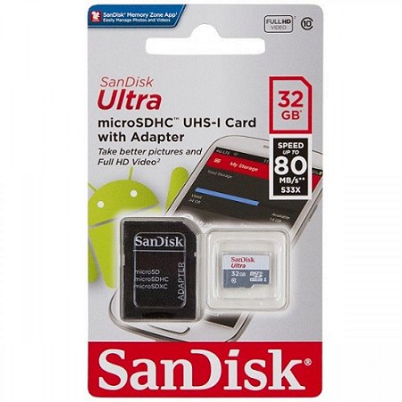 Cartão de Memória SanDisk 32GB MicroSD Ultra 80MB/s