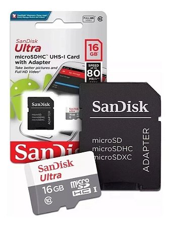 Cartão de Memória Sandisk Micro SD 16GB Ultra 80MB/S C10 SDSQUNR-016G-GN3MA