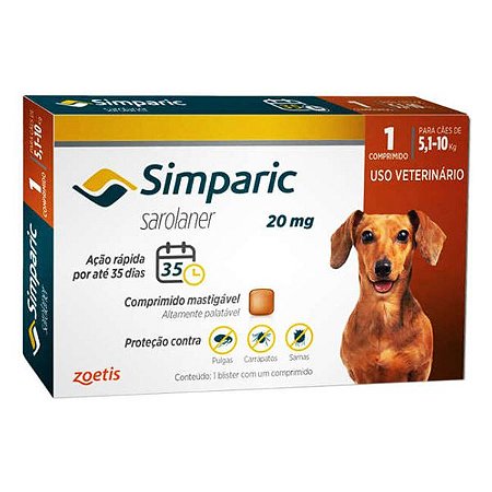 Antipulgas e Carrapatos Simparic 20 mg Para Cães de 5,1 a 10 Kg