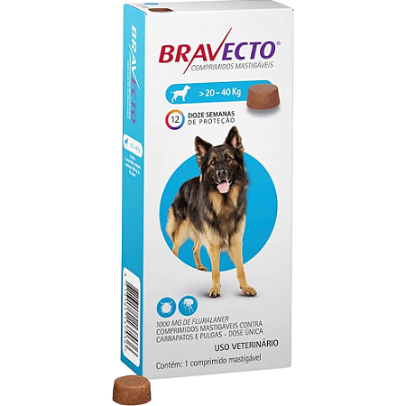 Antipulgas e Carrapatos Bravecto 1000 mg Comprimido Para Cães de 20 a 40 Kg - 1 Tablete