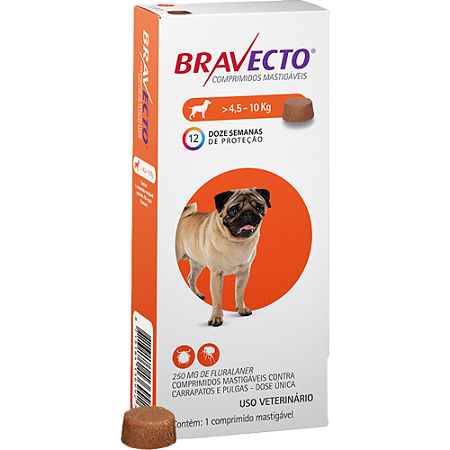 Antipulgas e Carrapatos Bravecto 250 mg Comprimido Para Cães de 4,5 a 10 Kg - 1 Tablete