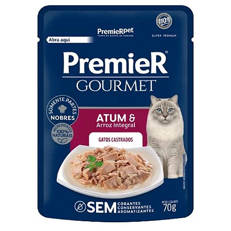 Ração Premier Gourmet Sachê Para Gatos Castrados Sabor Atum e Arroz Integral 70 g