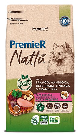 Ração Premier Nattu Para Cães Adultos Porte Pequeno Sabor Frango, Mandioca, Beterraba, Linhaça e Cranberry