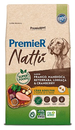 Ração Premier Nattu Para Cães Adultos Sabor Frango, Mandioca, Beterraba, Linhaça e Cranberry - 12 Kg