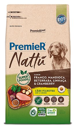 Ração Premier Nattu Para Cães Filhotes Sabor Frango, Mandioca, Beterraba, Linhaça e Cranberry