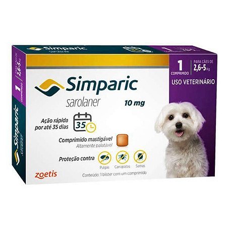 Antipulgas e Carrapatos Simparic 10 mg Para Cães de 2,6 a 5 Kg