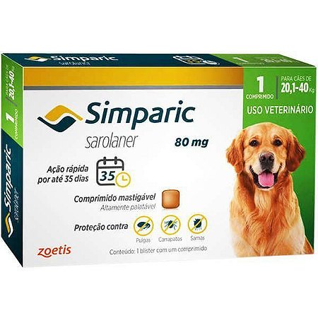 Antipulgas e Carrapatos Simparic 80 mg Para Cães de 20,1 a 40 Kg