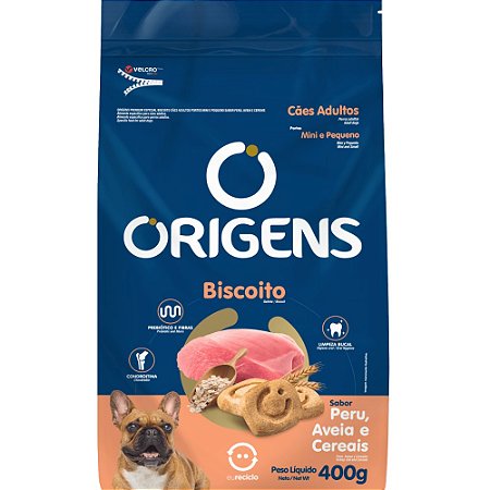 Biscoito Origens Para Cães Adultos Porte Mini e Pequeno Sabor Peru, Aveia e Cereais - 400 g