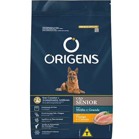 Ração Origens Sênior Para Cães Porte Médio e Grande Sabor Frango e Cereais - 15 Kg