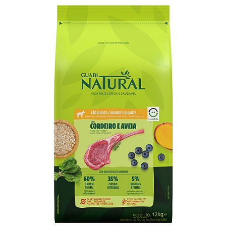 Ração Guabi Natural Para Cães Adultos Porte Grande e Gigante Sabor Cordeiro e Aveia - 12 Kg