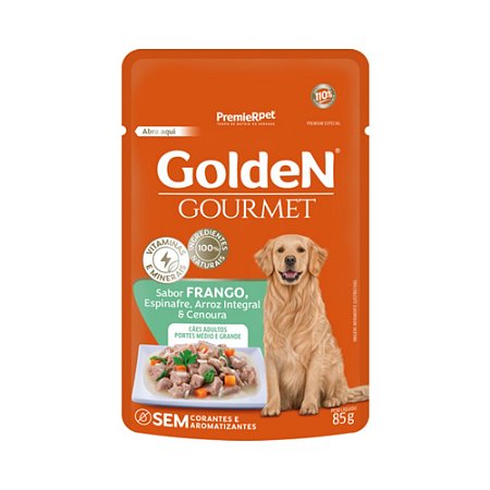 Sachê Golden Gourmet Para Cães Adultos Porte Médio e Grande Sabor Frango, Espinafre, Arroz Integral e Cenoura - 85 g