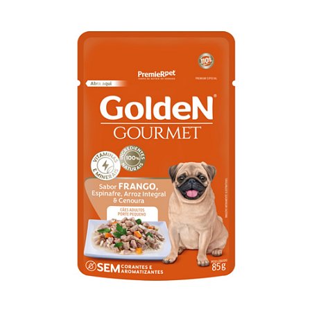 Sachê Golden Gourmet Para Cães Adultos de Porte Pequeno Sabor Frango, Espinafre, Arroz Integral e Cenoura - 85 g