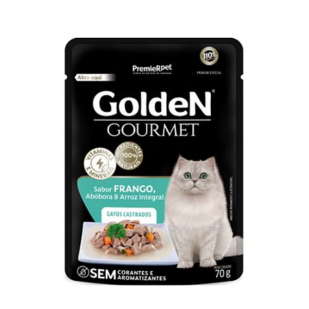 Sachê Golden Gourmet Para Gatos Adultos Castrados Sabor Frango, Abóbora e Arroz Integral - 70 g