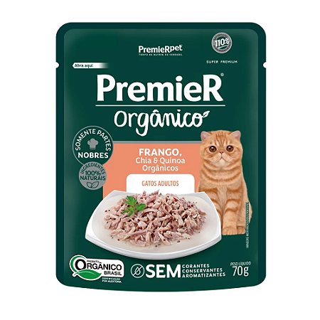Sachê Premier Gourmet Orgânico Para Gatos Adultos Sabor Frango, Chia e Quinoa - 70 g