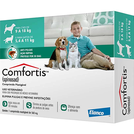 Antipulgas Comfortis 560 mg Para Cães e Gatos - Cães de 9 a 18 kg e Gatos de 5,4 a 11 kg - 1 Comprimido