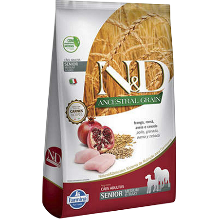 Ração Farmina N&D Ancestral Grain Sênior Medium & Maxi Para Cães de Porte Médio e Grande Sabor Frango e Romã