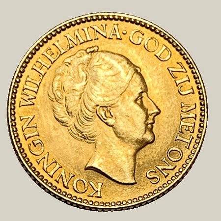 Moeda de Ouro de 10 Florins, Holanda - Ano: 1925 - Rainha Guilhermina dos Países Baixos