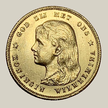 Moeda de Ouro de 10 Florins, Holanda - Ano: 1897 - Rainha Guilhermina dos Países Baixos