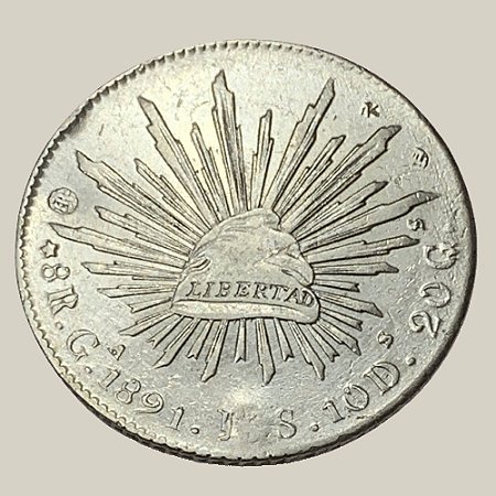 Moeda de Prata de 8 Reales com Chopmarks - Guadalajara, México - Ano: 1891 - Presidente Porfirio Díaz
