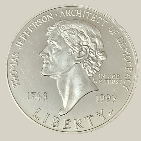 Moeda de Prata de 1 Dólar - EUA - Ano: 1993 S - 150º Aniversário do Nascimento de Thomas Jefferson - Presidente Bill Clinton