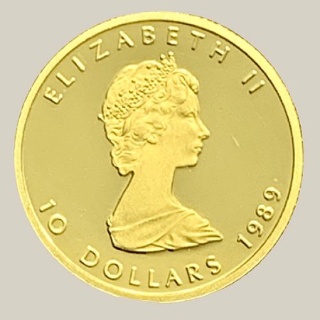 Moeda de Ouro de 10 Dólares, Canadá - Ano: 1989 - Rainha Isabel II /  Folha de Carvalho