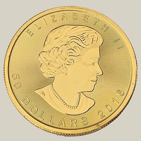 Moeda de Ouro de 50 Dólares (1OZ), Canadá - Ano: 2016 - Rainha Isabel II / Canadian Mapple Leaf