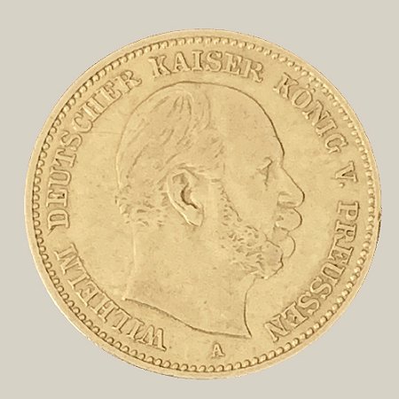Moeda de Ouro de 5 Marcos, Império Alemão - Ano: 1877 A - Rei Guilherme I da Prússia