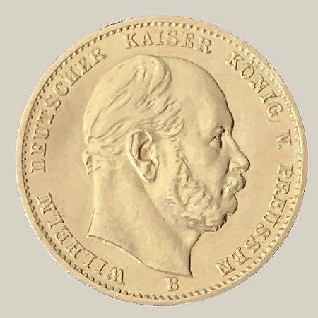 Moeda de Ouro de 10 Marcos, Império Alemão - Ano: 1877 B - Rei Guilherme I da Prússia