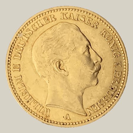 Moeda de Ouro de 20 Marcos, Império Alemão - Ano: 1905 A - Rei Guilherme II da Prússia