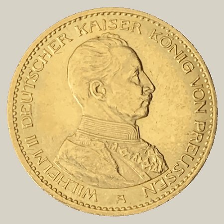 Moeda de Ouro de 20 Marcos, Império Alemão - Ano: 1914 A - Rei Guilherme II da Prússia