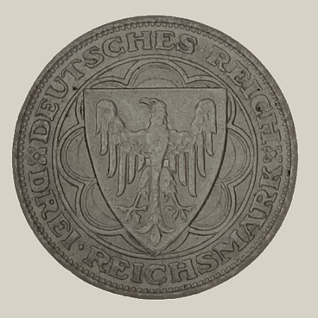 Moeda de Prata de 3 Reichsmark, 100º aniversário de Bremerhaven, República de Weimar - Ano: 1927 A - Pres. Paul von Hindenburg