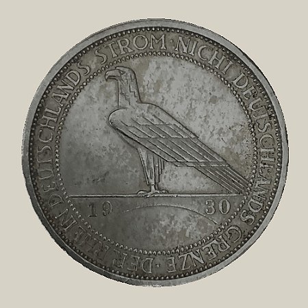 Moeda de Prata de 3 Reichsmark, Libertação da Renânia, República de Weimar - Ano: 1930 J - Pres. Paul von Hindenburg