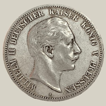 Moeda de Prata de 5 Marcos, Império Alemão, Ano: 1898 A, Imperador Guilherme II da Prússia