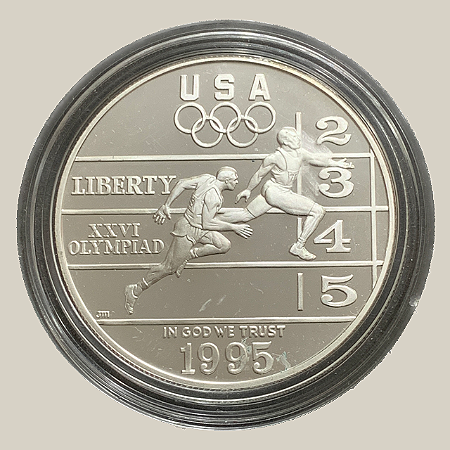 Moeda de Prata de 1 Dólar - EUA - Ano: 1995 P - Atlanta Corrida - Presidente Bill Clinton