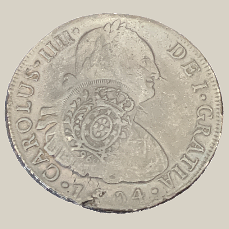 Moeda de Prata de 8 Reales - VS - Carimbo Minas - Lima - Ano: 1804 - Rei Carlos IIII