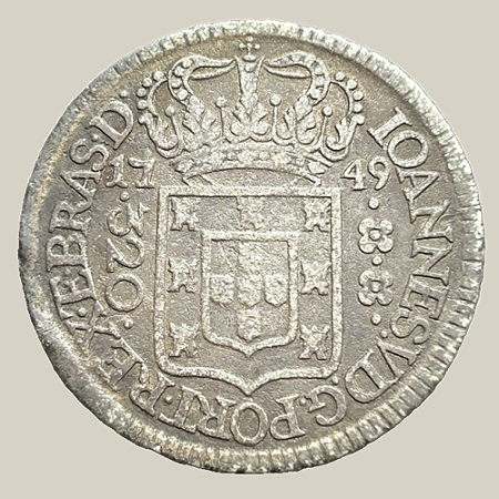 Moeda de Prata de 320 Réis (Pataca), Brasil Colônia - Ano: 1749 R - Rei João V