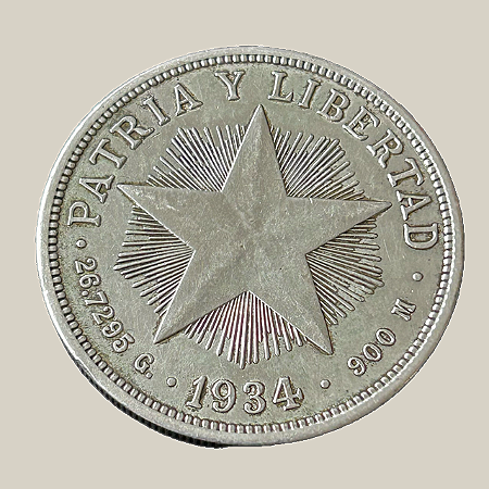 Moeda de Prata, 1 Peso, Cuba (1934) – “Pátria e Liberdade”