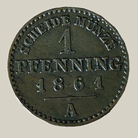 Moeda de cobre, 1 Pfennig (1861 A) – Reino da Prússia