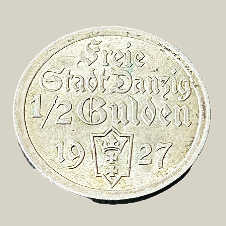Moeda de prata, 1/2 Gulden (1927) – Cidade Livre de Danzig