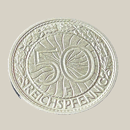 Moeda de níquel, 50 Reichspfennigs (1928F) – República de Weimar
