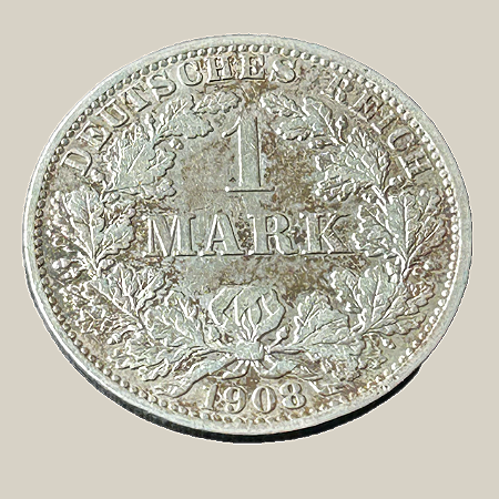 Moeda de prata, 1 Mark (1908A) – Império Alemão (Tipo 2)