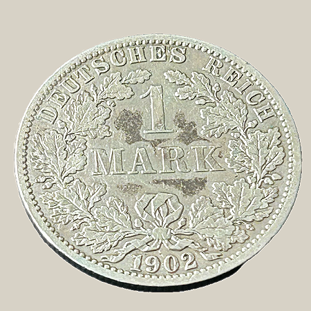 Moeda de prata, 1 Mark (1902A) – Império Alemão (Tipo 2)