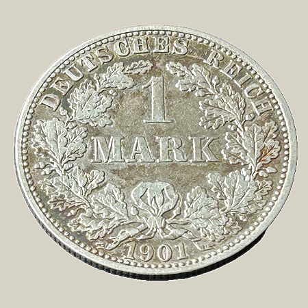 Moeda de prata, 1 Mark (1901A) – Império Alemão (Tipo 2)