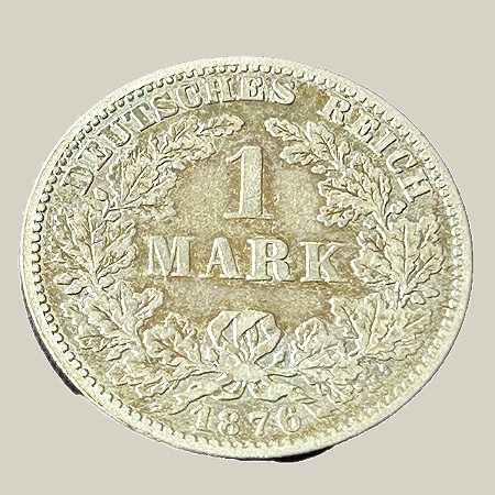 Moeda de prata, 1 Mark (1876G) – Império Alemão (Tipo 1)